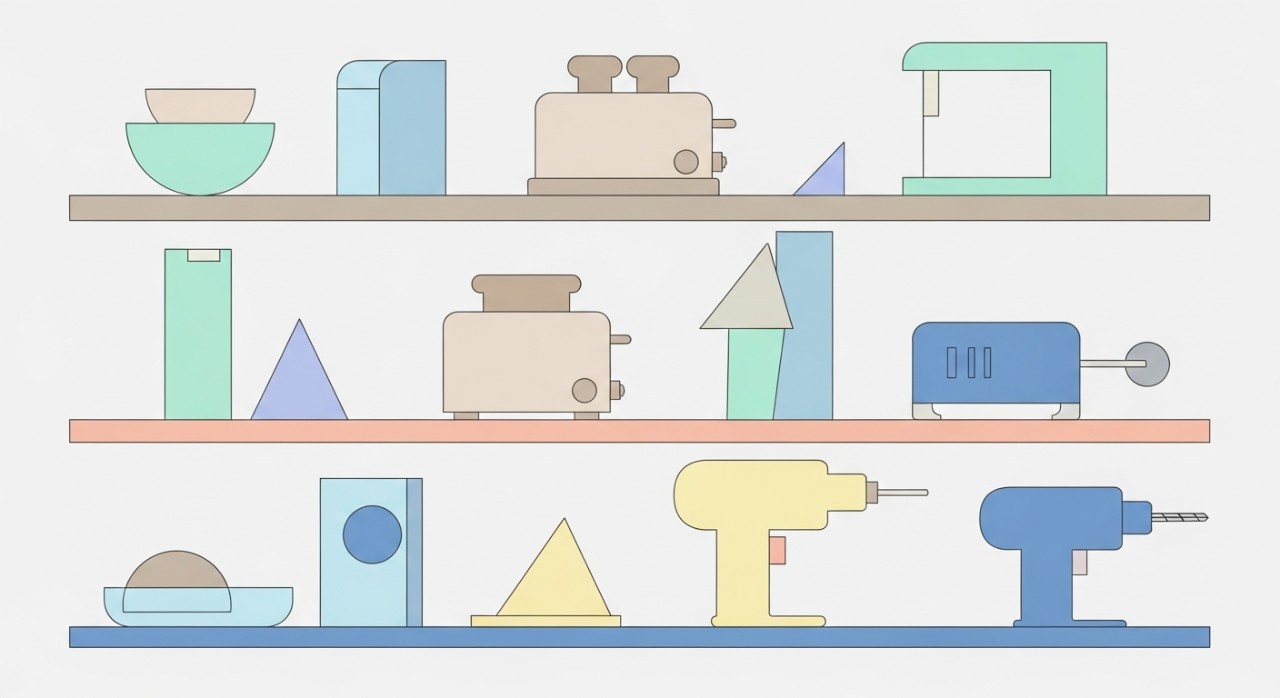 Rak-rak yang penuh dengan pelbagai jenis peralatan elektrik dan perkakas rumah tangga.