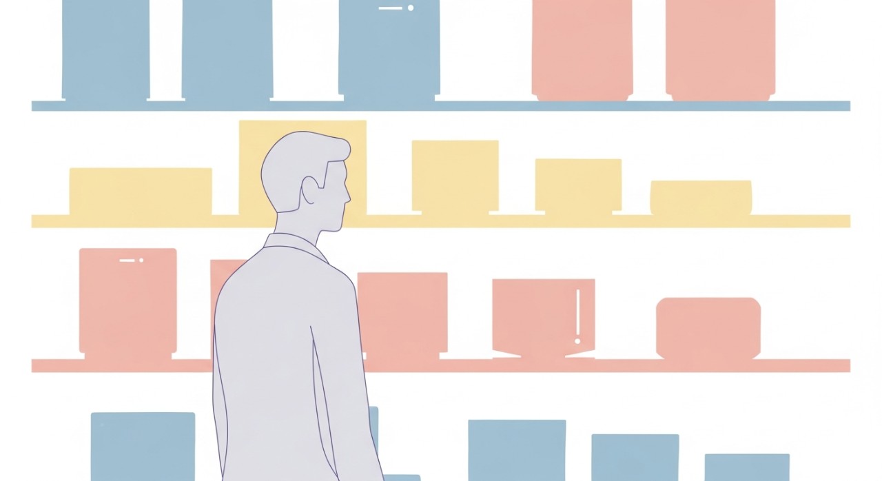 Seorang pelanggan sedang melihat-lihat pelbagai jenis barangan elektrik di rak kedai.