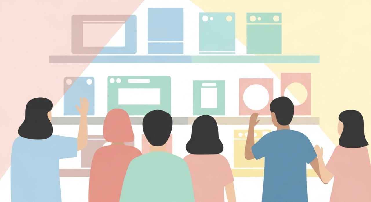 Pelanggan sedang melihat-lihat dan memilih peralatan elektrik di rak kedai.