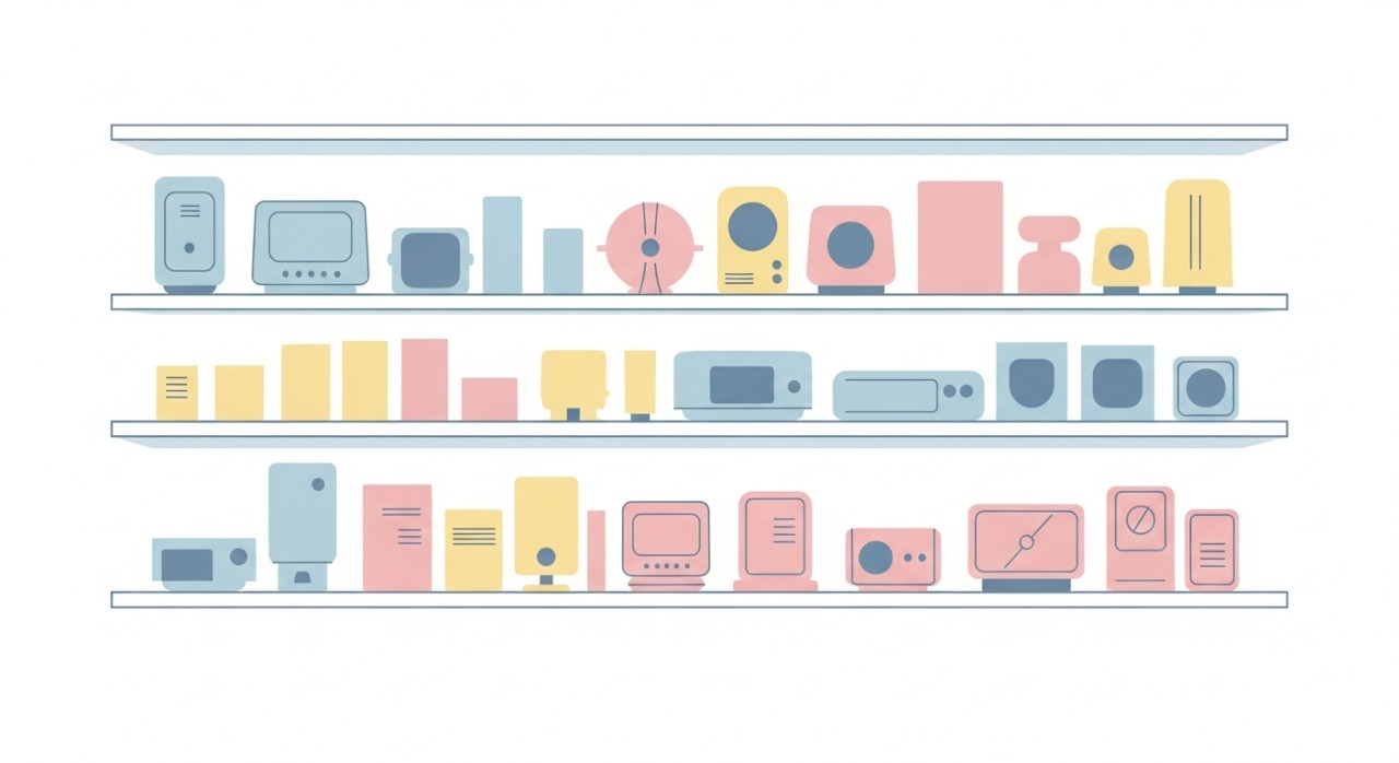 Rak-rak yang dipenuhi dengan pelbagai jenis barangan elektrik dan perkakas rumah.