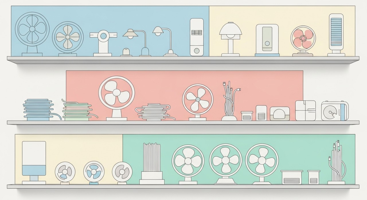 Rak-rak yang tersusun rapi di dalam kedai elektrik, mempamerkan pelbagai peralatan seperti kipas, lampu, dan kabel.