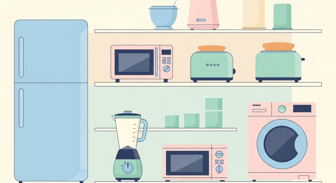 Rak-rak yang memaparkan pelbagai jenis peralatan elektrik di dalam kedai.