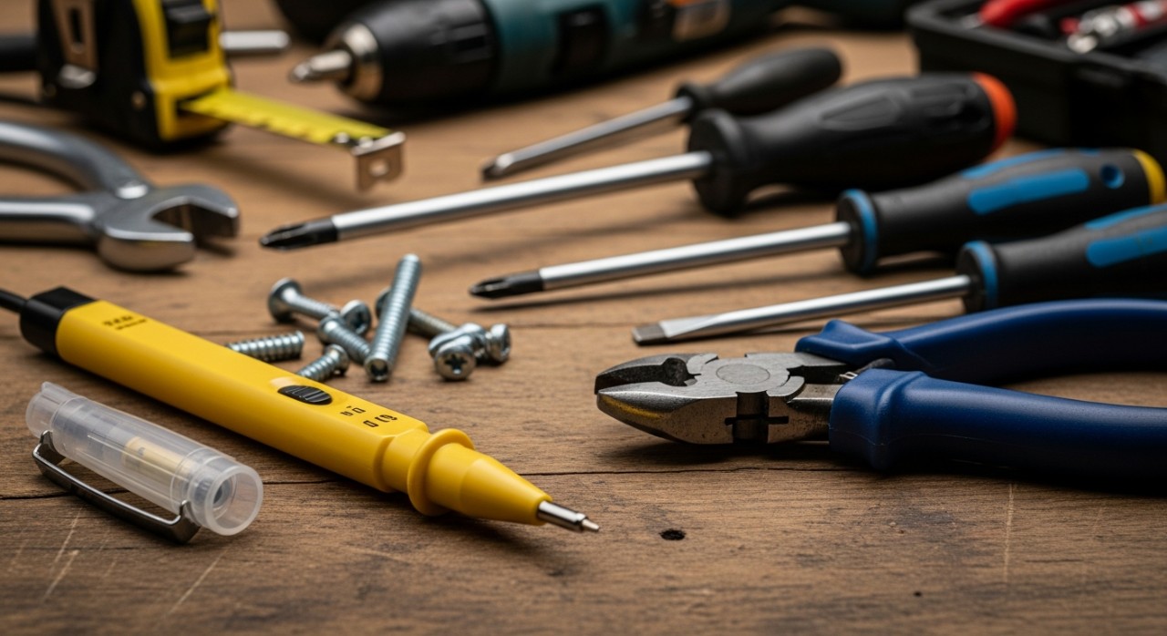 Pelbagai alatan tangan seperti pen penguji, pemotong kabel, dan pemutar skru diletakkan di atas meja kerja.