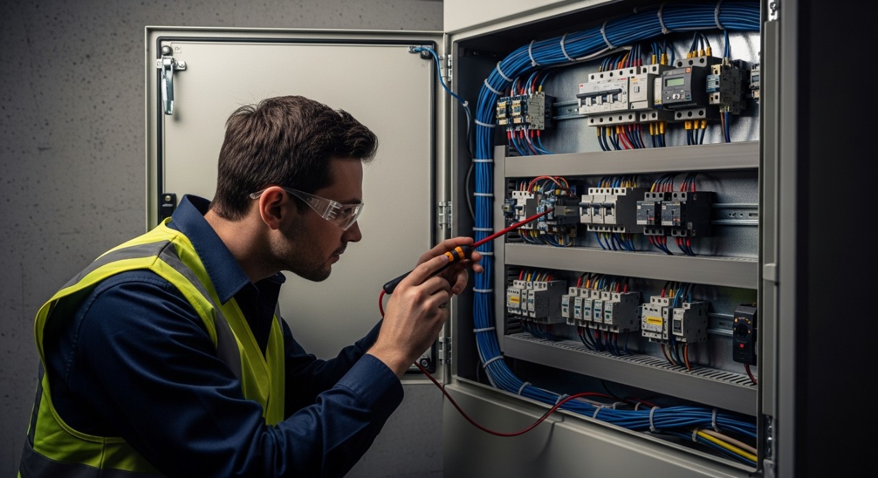 Seorang pekerja sedang memeriksa komponen suis pemutus litar di dalam kotak agihan elektrik.
