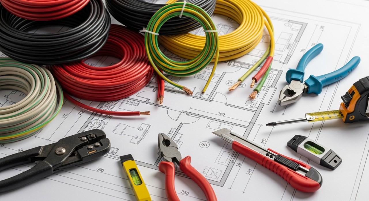 Gulungan kabel elektrik dan peralatan pertukangan diletakkan di atas pelan lantai bangunan.