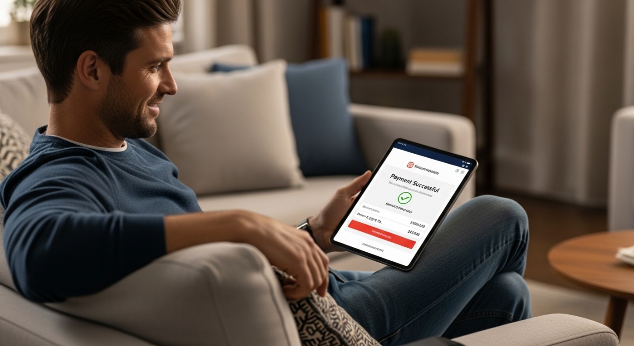 Seorang lelaki sedang duduk santai sambil mengesahkan transaksi pembayaran bil elektrik melalui tablet.