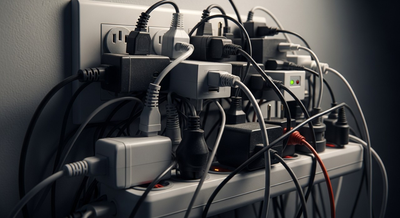 Banyak palam elektrik disambungkan pada satu soket yang sama.