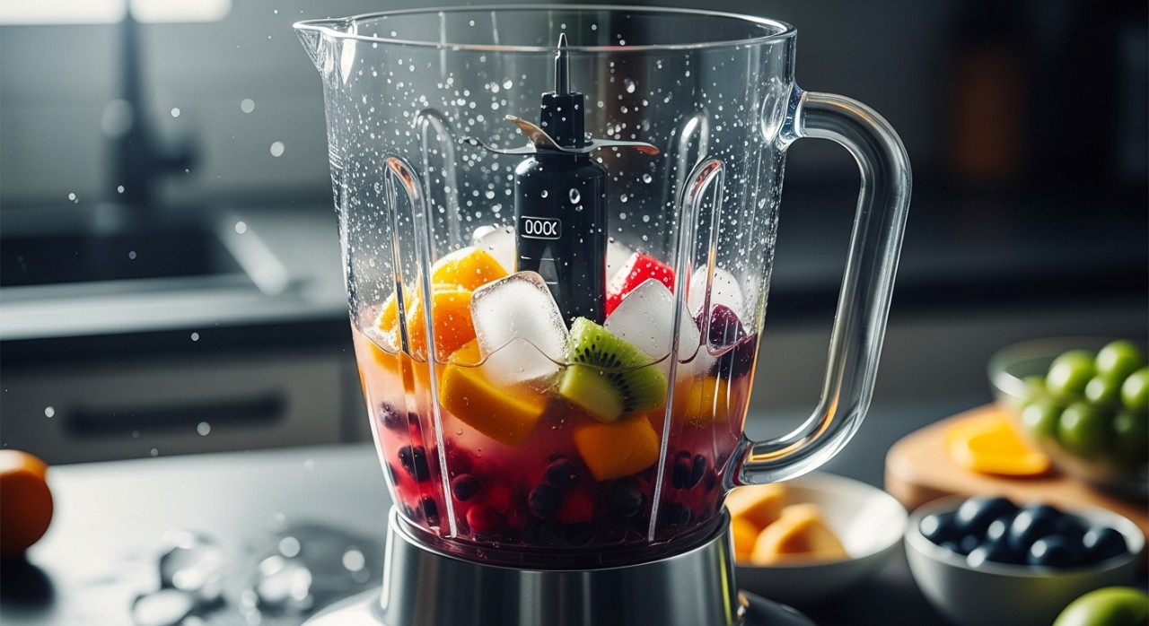 Blender yang sedang berfungsi menghancurkan ketulan ais dan buah-buahan.