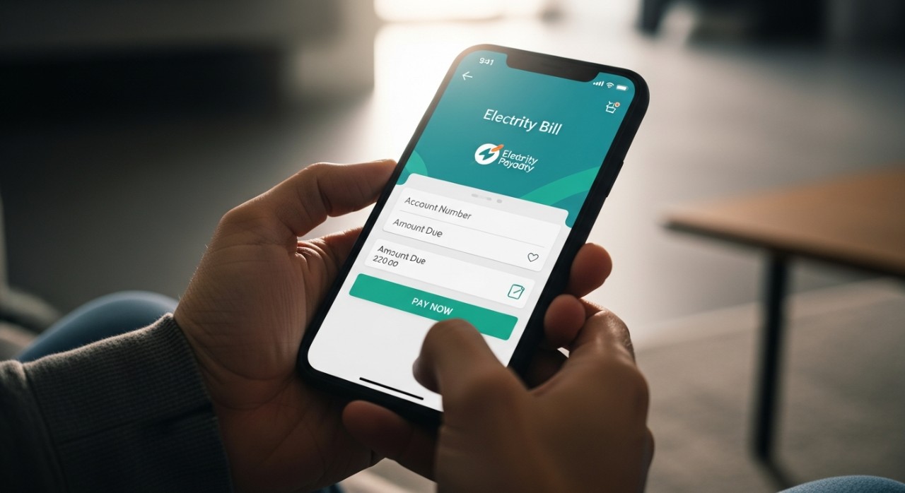 Seseorang menggunakan aplikasi telefon pintar untuk membayar bil elektrik secara atas talian.