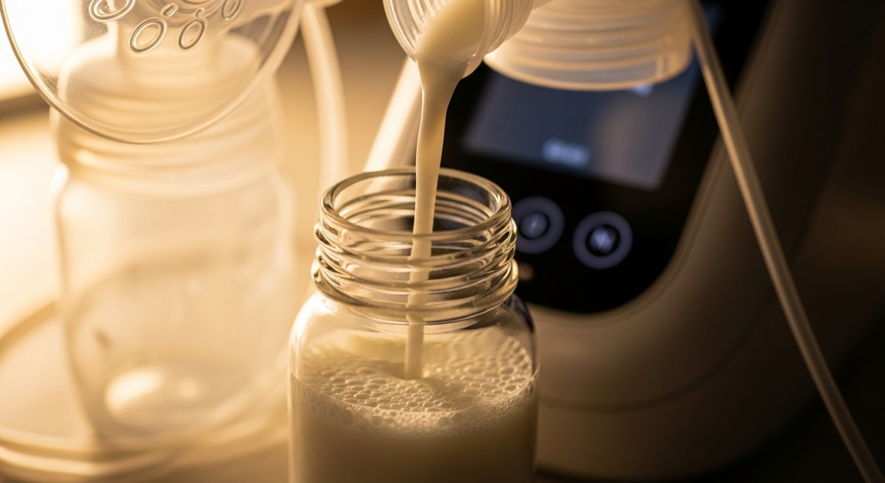 Botol susu yang sedang diisi dengan susu ibu menggunakan mesin pam automatik.
