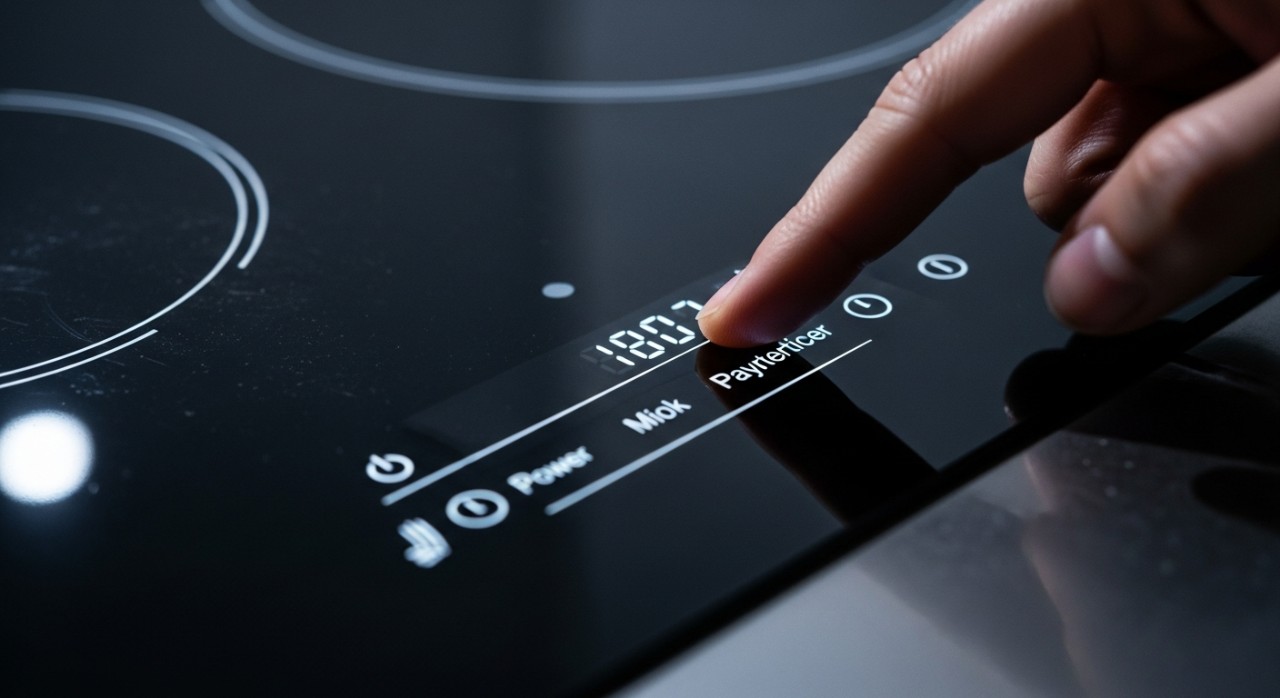 Jari seseorang sedang menyentuh panel kawalan digital pada permukaan dapur elektrik.