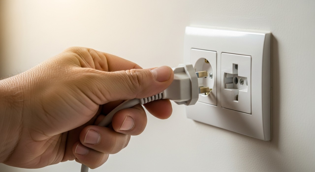 Tangan seseorang sedang memasukkan palam tiga pin ke dalam soket elektrik pada dinding.