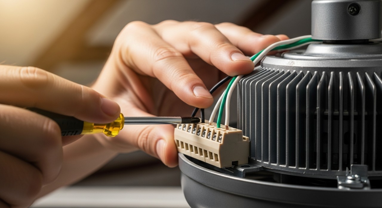 Tangan sedang melakukan penyambungan wayar elektrik pada unit motor kipas siling.