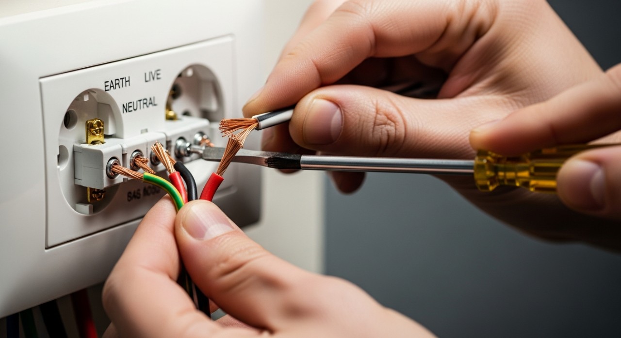Tangan sedang menyambungkan wayar kuprum ke terminal belakang soket elektrik putih.