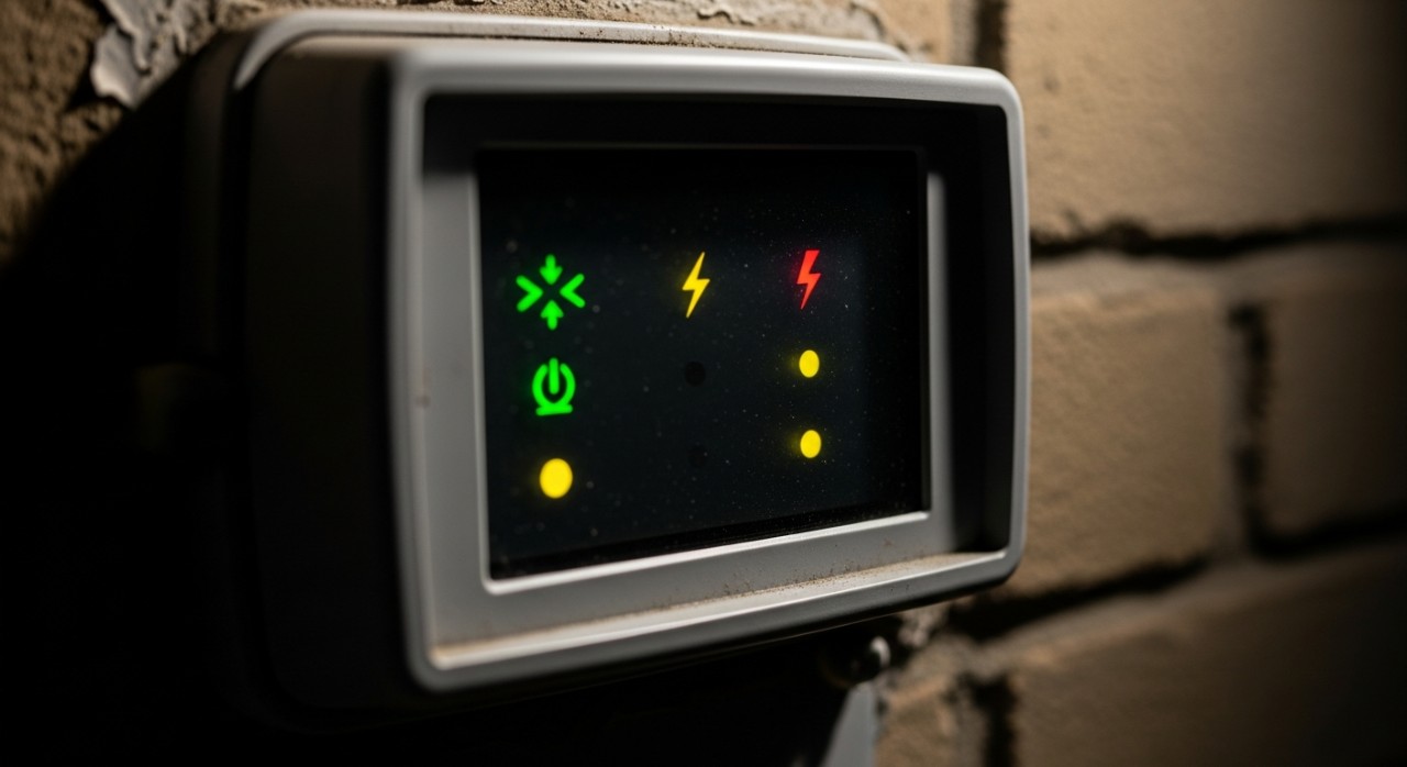 Paparan skrin pada meter elektrik digital yang menunjukkan bacaan sifar atau simbol amaran bekalan terputus.