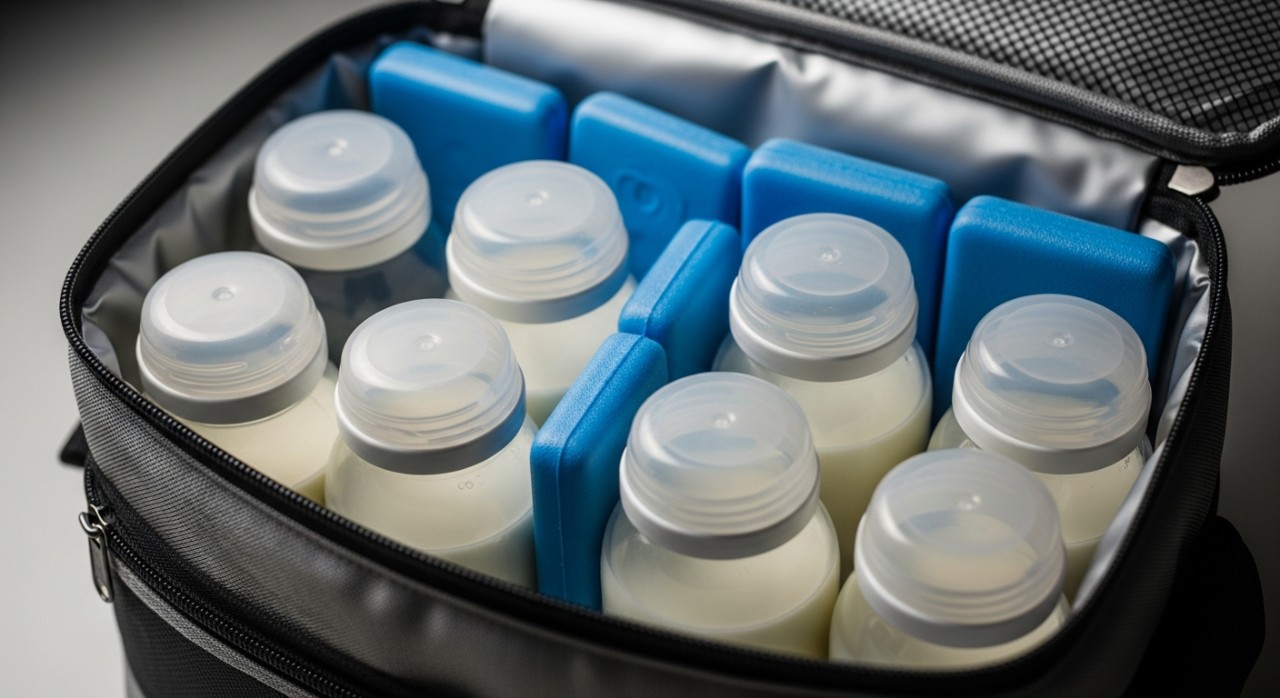 Beberapa botol susu ibu yang telah penuh disusun kemas di dalam beg sejuk bertutup.