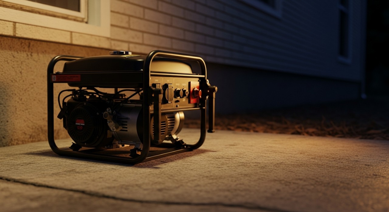 Sebuah penjana kuasa elektrik kecil diletakkan di luar rumah untuk kegunaan kecemasan.