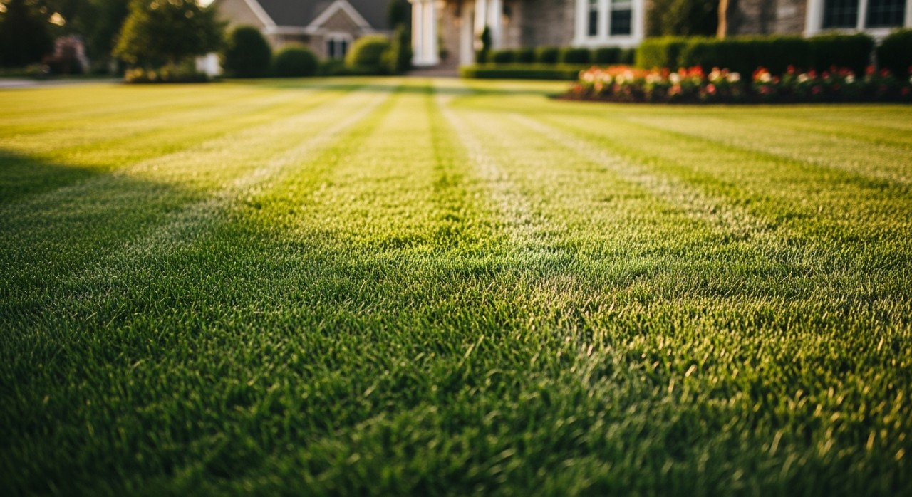 Halaman rumah dengan rumput yang dipotong rapi menggunakan mesin rumput elektrik.