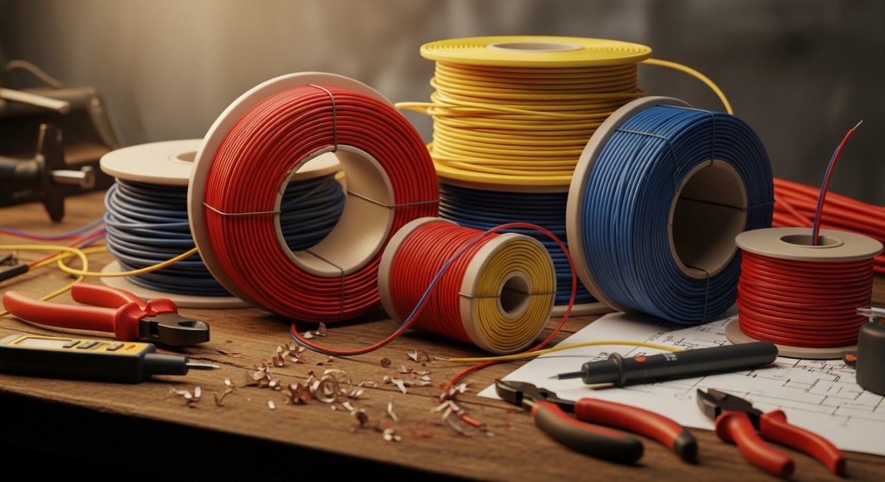 Beberapa gulungan kabel elektrik berwarna merah, kuning, dan biru yang diletakkan di atas meja kerja.