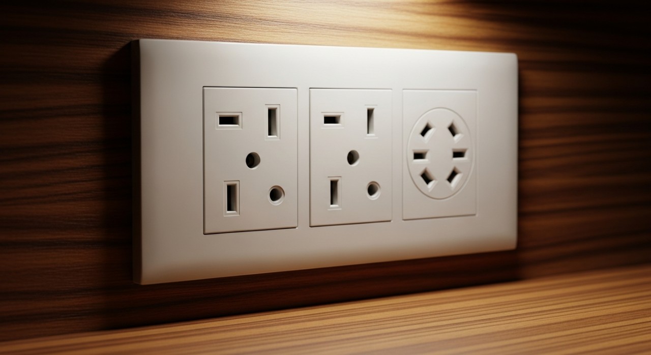 Soket elektrik jenis universal dengan pelbagai lubang palam untuk kegunaan antarabangsa.