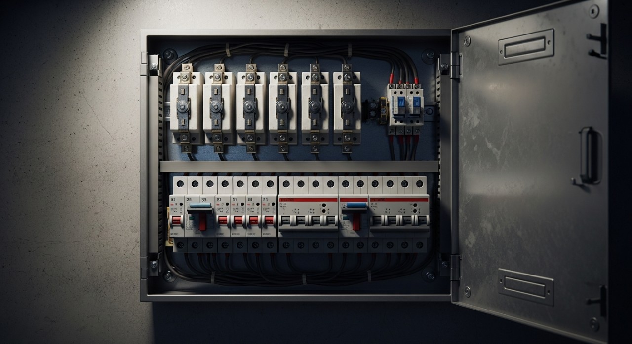 Barisan fius yang terpasang kemas di dalam kotak agihan elektrik utama rumah.