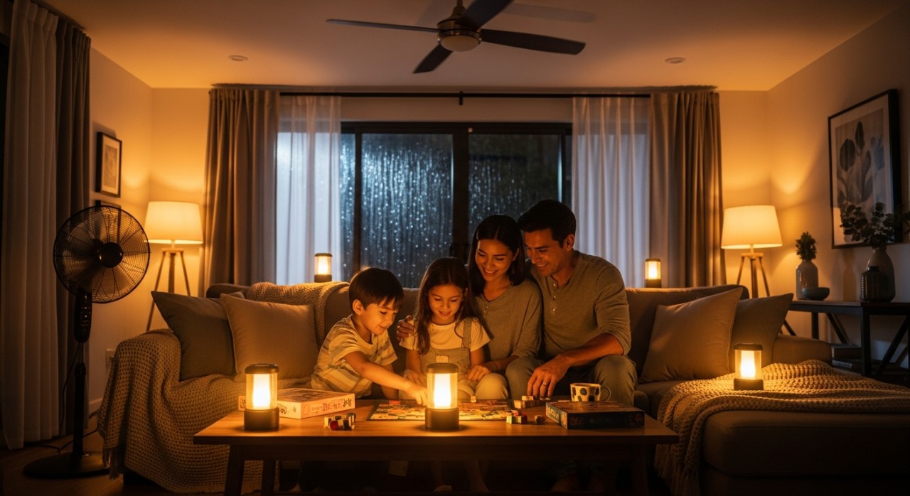 Sebuah keluarga duduk santai di ruang tamu yang terang dengan lampu menyala.