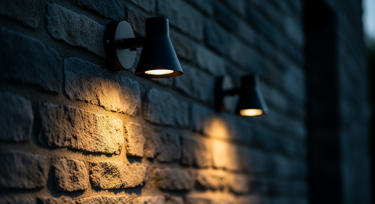 Lampu dinding kalis air yang dipasang pada bahagian luar bangunan.