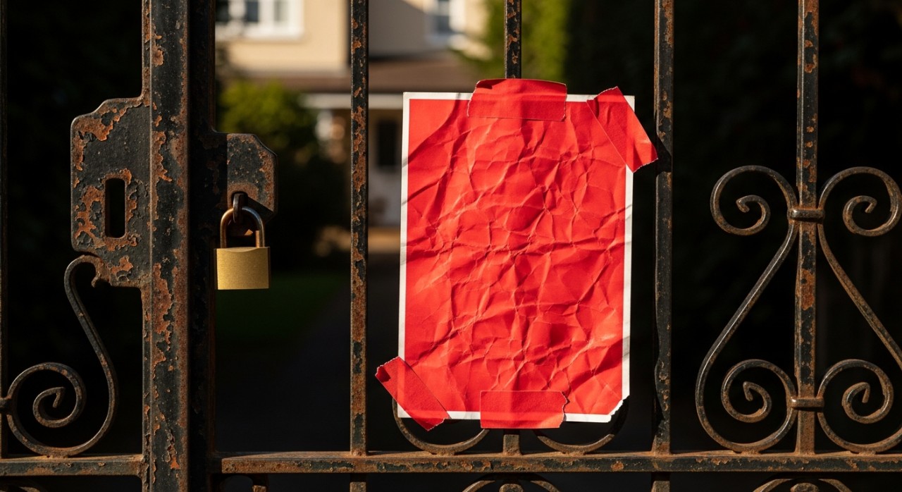 Notis amaran berwarna merah yang diselitkan pada pintu pagar sebuah rumah.