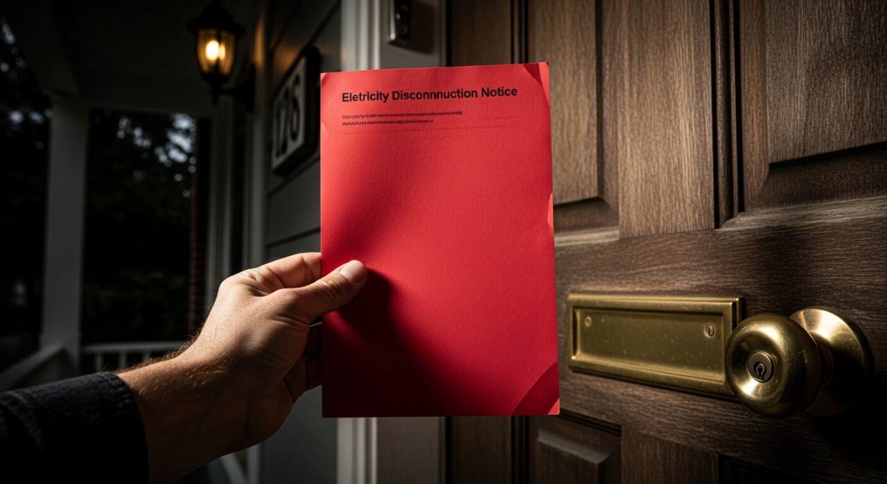 Tangan seseorang sedang memegang surat notis merah pemotongan bekalan elektrik di hadapan pintu rumah.