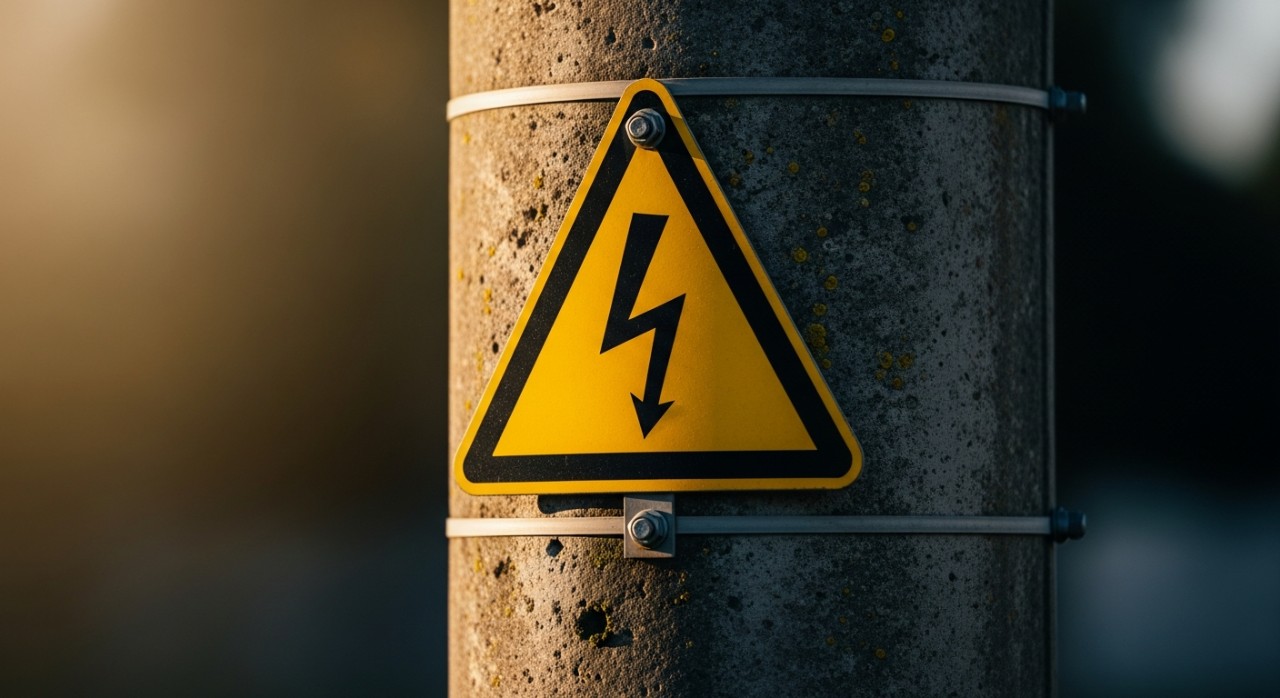 Papan tanda amaran bahaya voltan tinggi yang dipasang pada batang tiang elektrik.