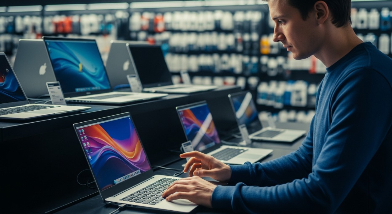 Seorang lelaki sedang membelek dan mencuba fungsi sebuah laptop di ruang pameran komputer.