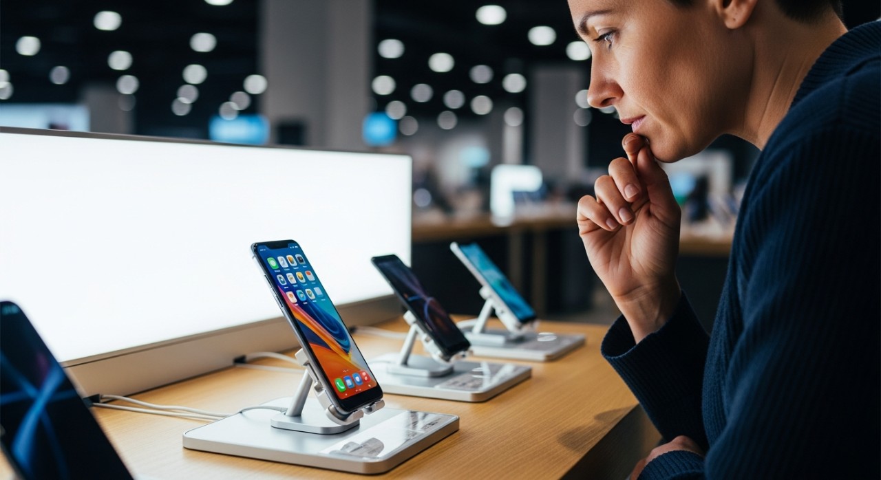 Seorang pelanggan sedang melihat dan mencuba telefon pintar di kaunter pameran kedai.