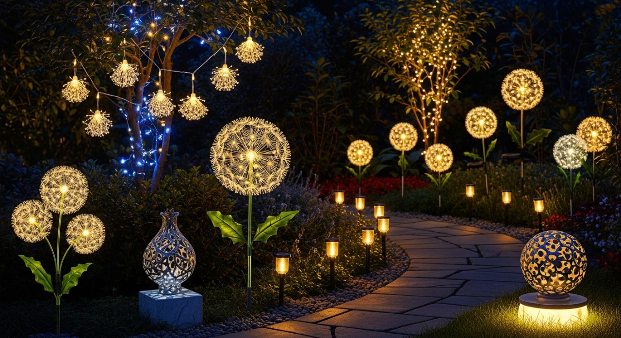 Koleksi lampu taman dengan pelbagai reka bentuk kreatif dipamerkan untuk hiasan luar rumah.