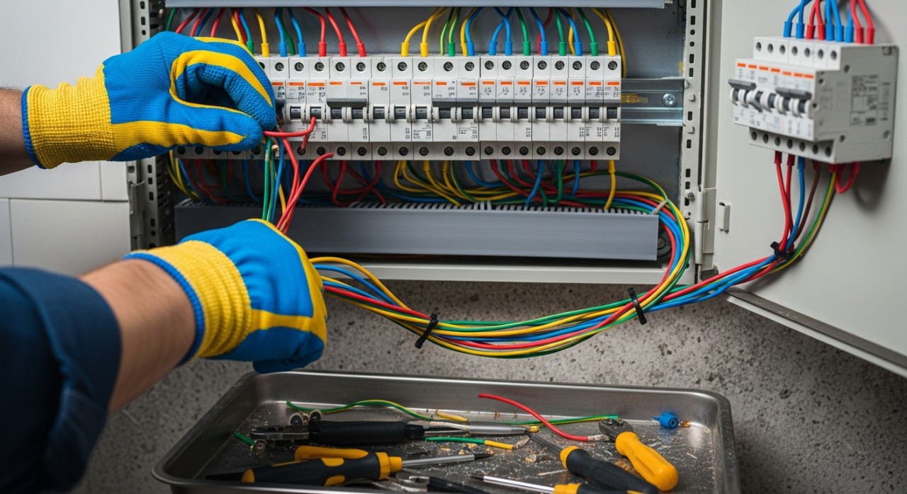Juruteknik elektrik sedang menyusun kabel berwarna-warni di dalam kotak agihan elektrik kediaman.