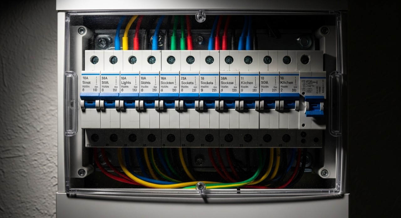 Kotak agihan elektrik dengan deretan pemutus litar yang tersusun rapi pada dinding.