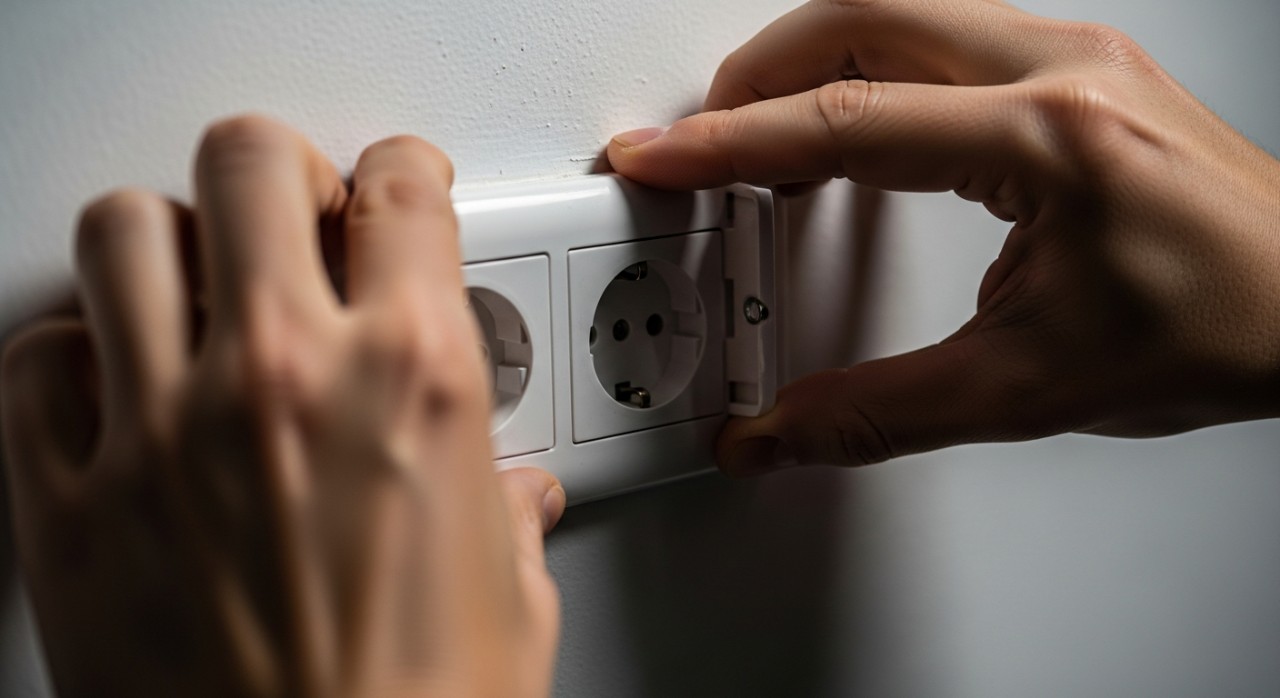 Tangan seorang lelaki sedang memasang penutup soket elektrik tiga pin pada dinding putih.