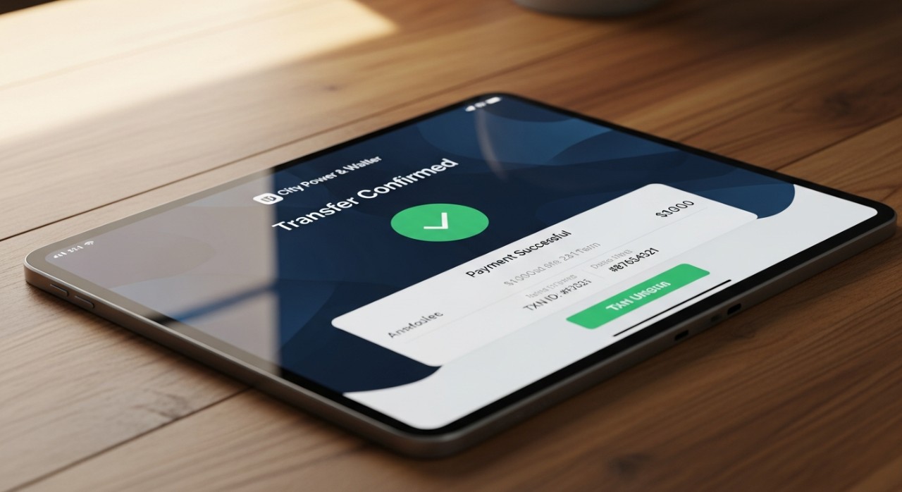 Paparan skrin tablet menunjukkan transaksi pemindahan wang untuk pembayaran bil utiliti.