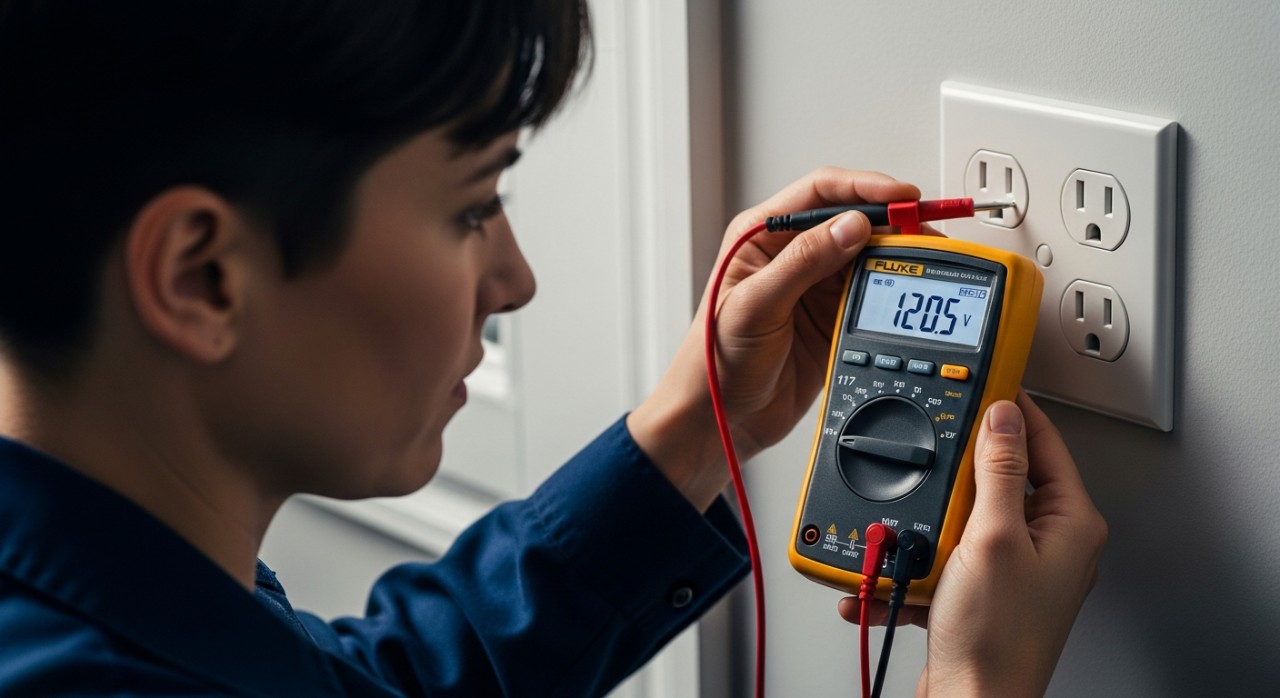 Tangan seseorang sedang menguji voltan pada soket dinding menggunakan alat multimeter digital.