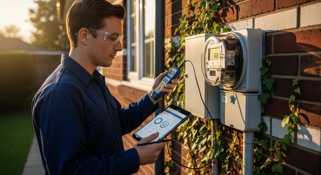 Seorang petugas sedang memeriksa unit meter elektrik digital yang terpasang pada dinding luar sebuah rumah.