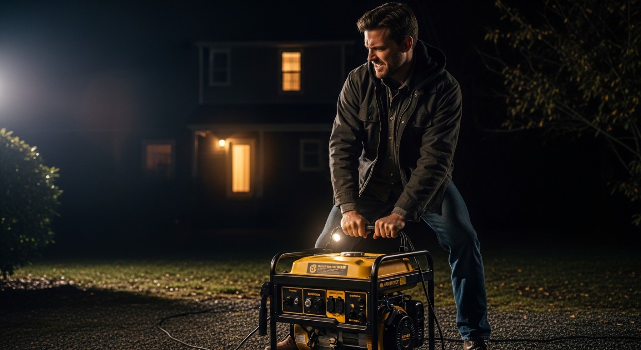 Seorang lelaki menghidupkan mesin generator di luar rumah pada waktu malam.