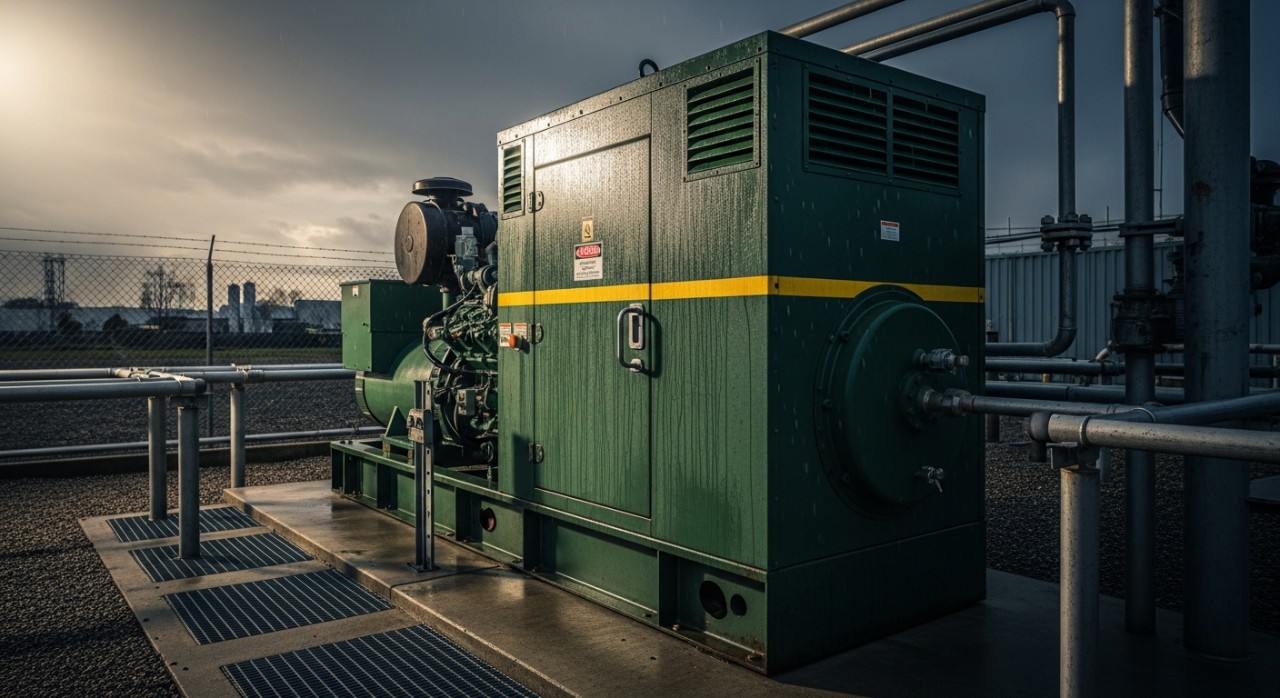 Satu unit genset besar dengan kotak kedap bunyi yang dipasang di kawasan luar pejabat.