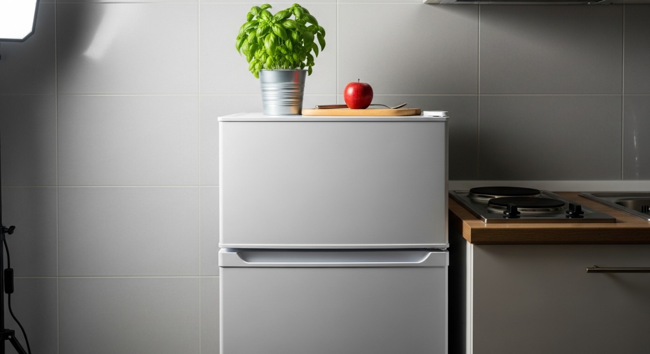 Sebuah peti ais satu pintu bersaiz kompak yang disusun kemas di dalam dapur apartmen kecil.