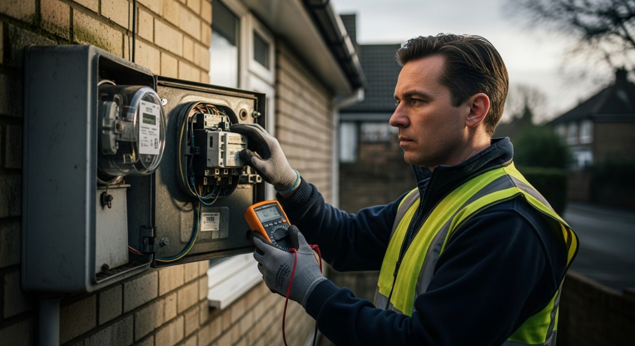 Seorang petugas teknikal sedang melakukan pemeriksaan pada kotak meter elektrik di luar rumah.
