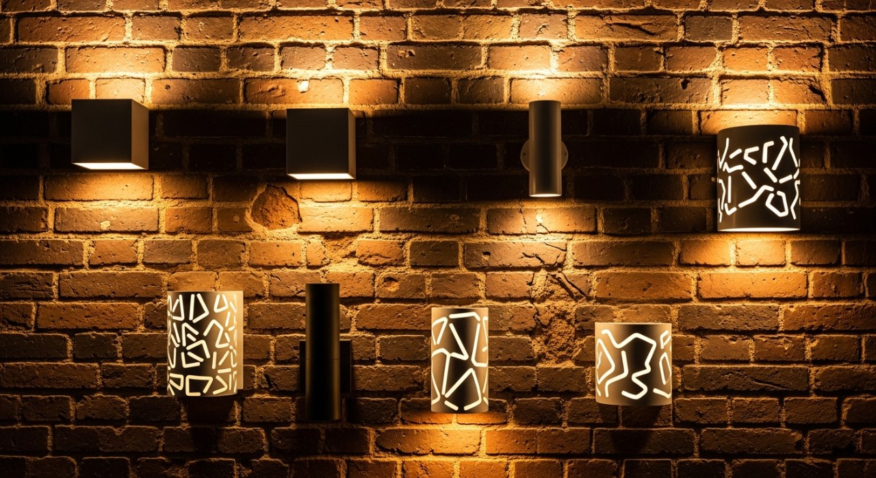 Beberapa reka bentuk lampu dinding kalis air yang dipasang pada dinding bata