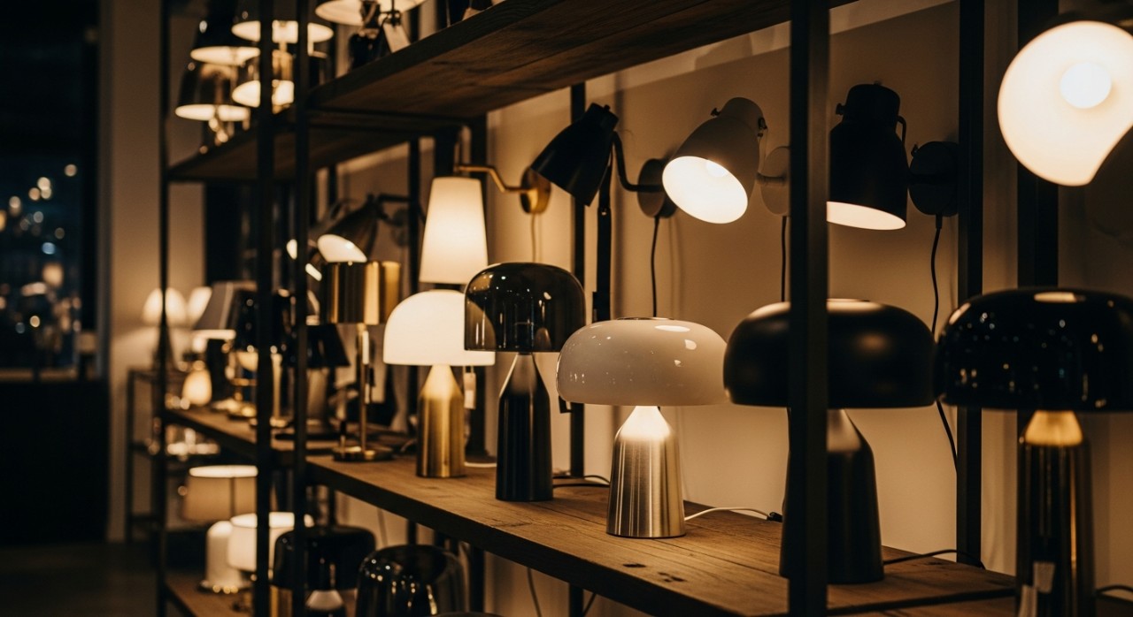 Deretan lampu gantung moden dengan pelbagai reka bentuk estetik yang tergantung di siling ruang pameran.