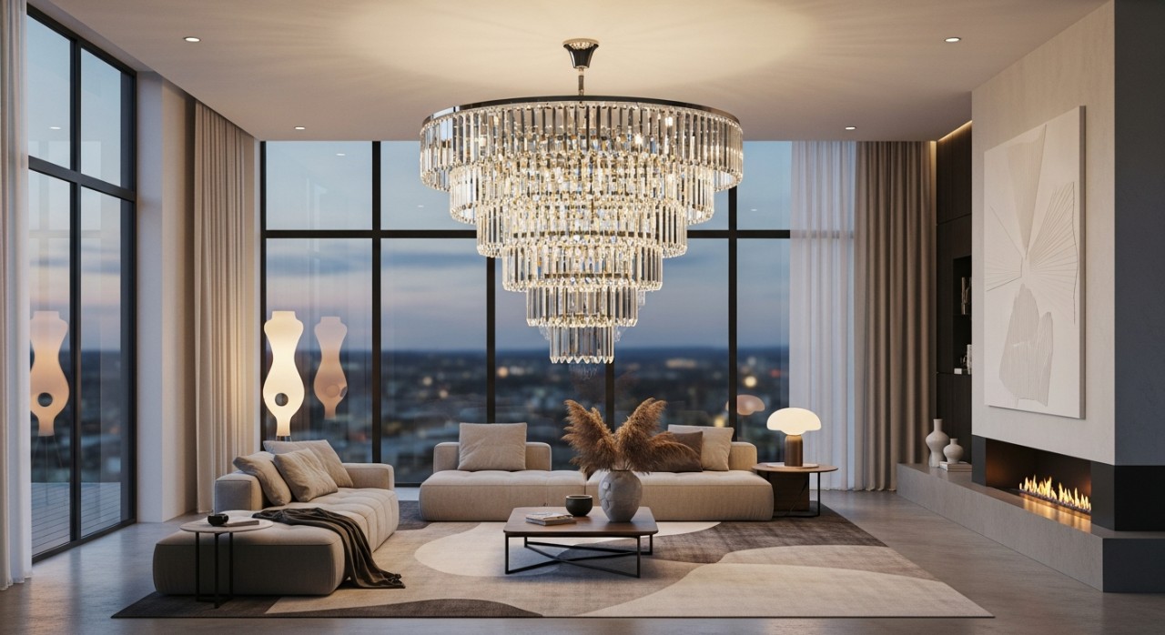 Lampu hiasan kristal yang tergantung cantik di ruang tamu rumah moden.