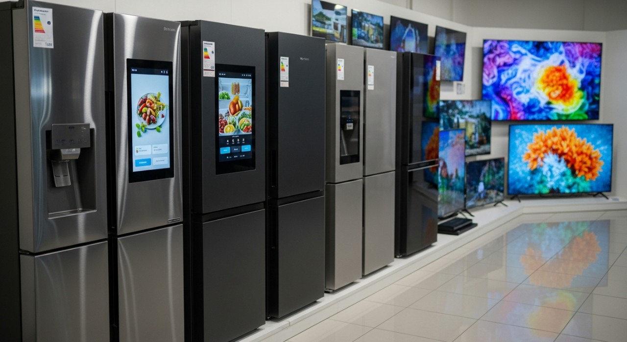 Barisan peti sejuk dan televisyen skrin rata yang dipamerkan di ruang pameran kedai.