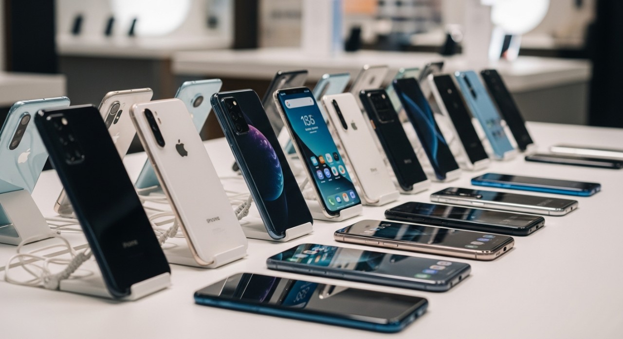 Deretan telefon pintar pelbagai jenama yang disusun rapi di atas meja pameran gajet.