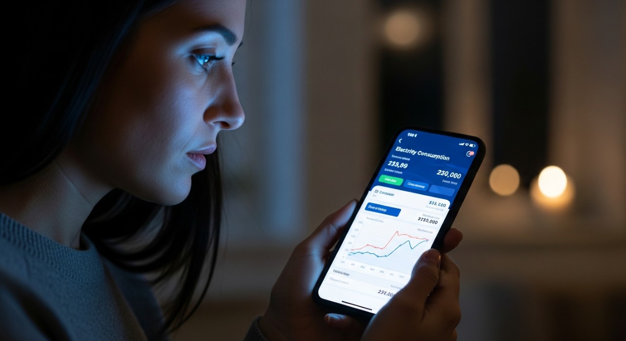 Seorang wanita sedang melihat paparan bil elektrik di skrin telefon pintar.