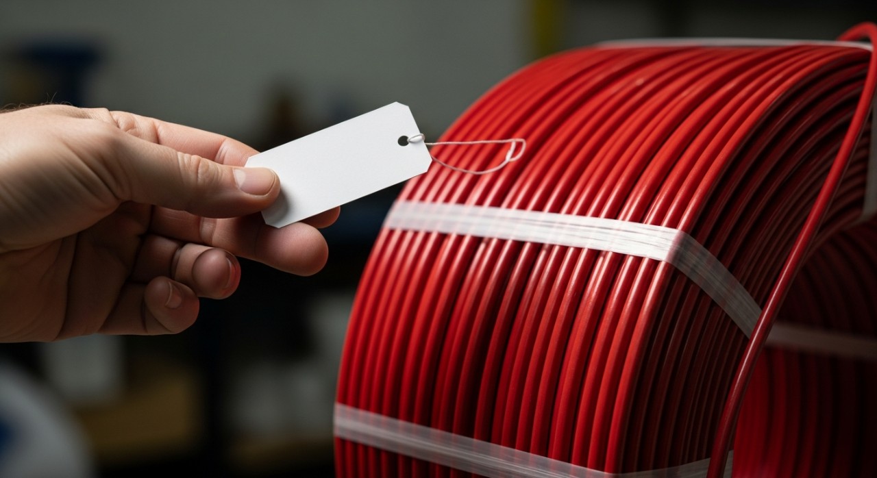 Seorang kontraktor sedang meneliti label harga pada gulungan kabel elektrik merah di sebuah stor.